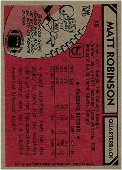 1980 Topps #12 Matt Robinson back image