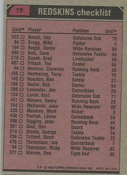 1980 Topps #19 Wash. Redskins TL/John Riggins/Danny Buggs/Joe Lavender/Coy Bacon/(checklist back) back image