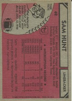 1980 Topps #62 Sam Hunt back image