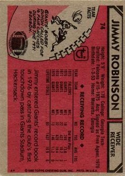 1980 Topps #74 Jimmy Robinson back image
