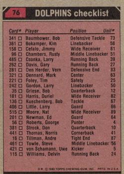 1980 Topps #76 Miami Dolphins TL/Larry Csonka/Nat Moore/Neal Colzie/Gerald Small/Vern Den Herder/(checklist back) back image