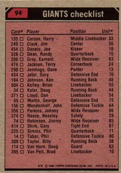 1980 Topps #94 New York Giants TL/Billy Taylor/Earnest Gray/George Martin/(checklist back) back image