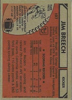 1980 Topps #107 Jim Breech RC back image