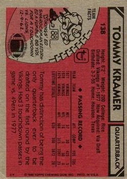 1980 Topps #138 Tommy Kramer RC back image