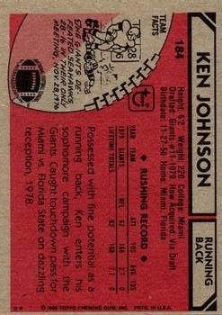 1980 Topps #184 Ken Johnson RB back image