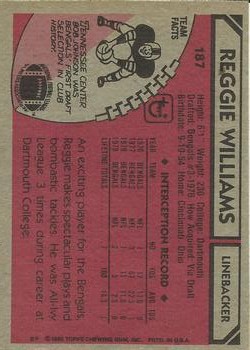 1980 Topps #187 Reggie Williams back image