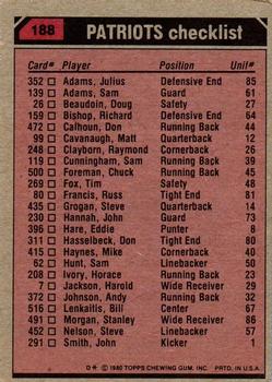 1980 Topps #188 New England Patriots TL/Sam Cunningham/Harold Jackson/Raymond Clayborn/Tony McGee/(checklist back) back image