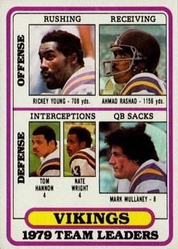 1980 Topps #207 Minnesota Vikings TL/Rickey Young/Ahmad Rashad/Tom Hannon/Nate Wright/Mark Mullaney/(checklist back)
