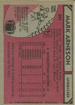 1980 Topps #222 Mark Arneson back image