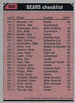 1980 Topps #226 Chicago Bears TL/Walter Payton/Brian Baschnagel/Gary Fencik/Terry Schmidt/Jim Osborne/(checklist back) back image