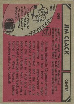 1980 Topps #249 Jim Clack back image