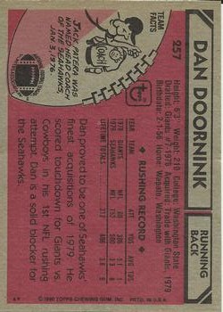 1980 Topps #257 Dan Doornink back image