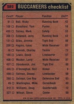 1980 Topps #282 Tampa Bay Bucs TL/Ricky Bell/Isaac Hagins/Lee Roy Selmon/(checklist back) back image