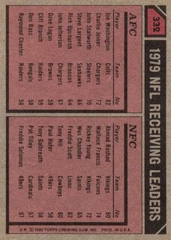 1980 Topps #332 Receiving Leaders/Joe Washington/Ahmad Rashad back image