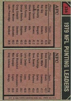 1980 Topps #336 Punting Leaders/Bob Grupp/Dave Jennings back image