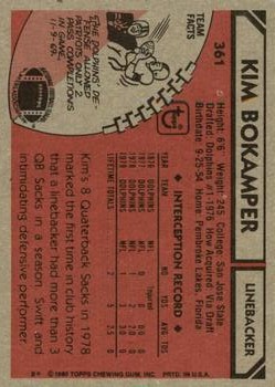 1980 Topps #361 Kim Bokamper RC back image