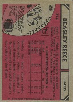 1980 Topps #374B Beasley Reece COR RC back image