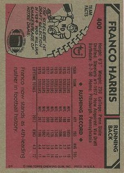 1980 Topps #400 Franco Harris AP back image
