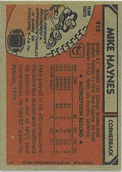 1980 Topps #415 Mike Haynes AP back image