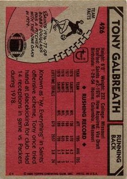 1980 Topps #426 Tony Galbreath back image
