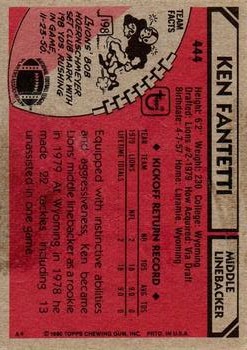 1980 Topps #444 Ken Fantetti back image