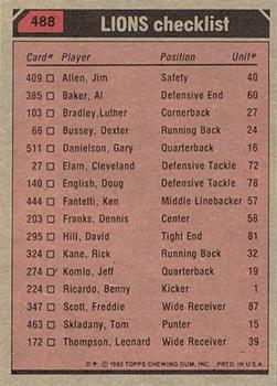 1980 Topps #488 Detroit Lions TL/Dexter Bussey/Freddie Scott/Jim Allen/Luther Bradley/Al(Bubba) Baker/(checklist back) back image