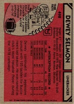 1980 Topps #498 Dewey Selmon back image