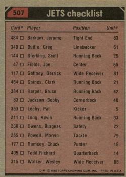 1980 Topps #507 New York Jets TL/Clark Gaines/Wesley Walker/Burgess Owens/Joe Klecko/(checklist back0 back image