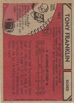 1980 Topps #523 Tony Franklin RC back image