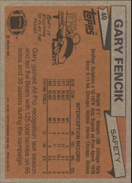 1981 Topps #40 Gary Fencik back image