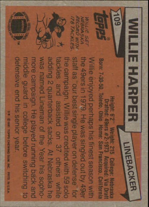 1981 Topps #109 Willie Harper RC back image