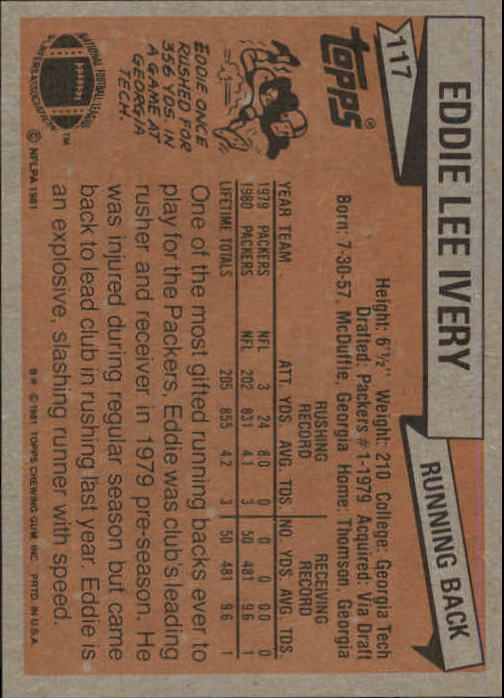 1981 Topps #117 Eddie Lee Ivery RC back image
