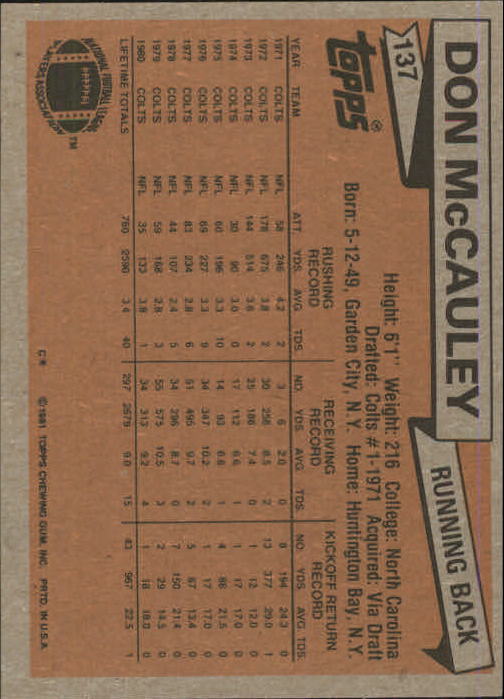 1981 Topps #137 Don McCauley back image