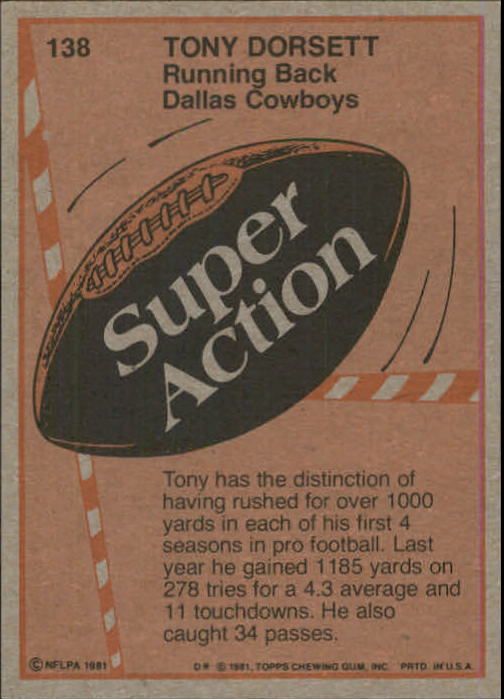 1981 Topps #138 Tony Dorsett SA back image