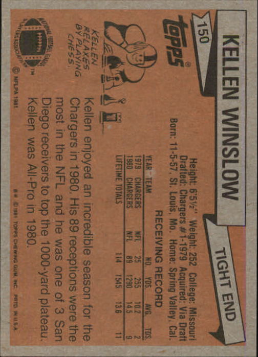 1981 Topps #150 Kellen Winslow RC back image