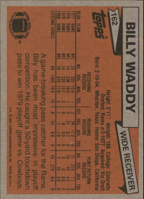 1981 Topps #162 Billy Waddy back image