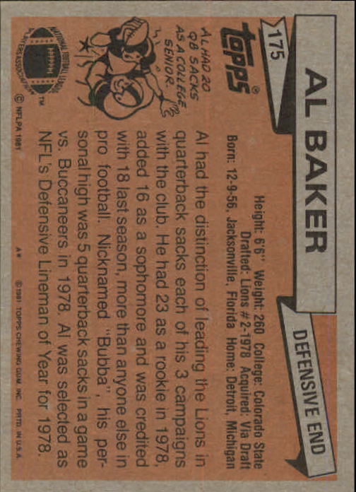 1981 Topps #175 Al(Bubba) Baker back image