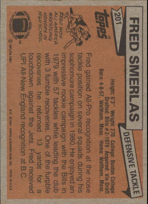 1981 Topps #201 Fred Smerlas RC back image