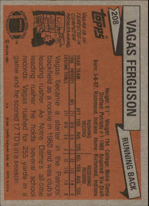 1981 Topps #208 Vagas Ferguson RC back image