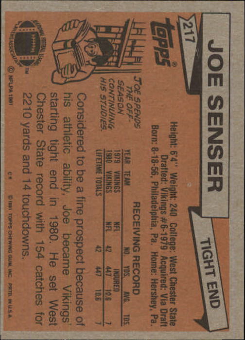 1981 Topps #217 Joe Senser back image