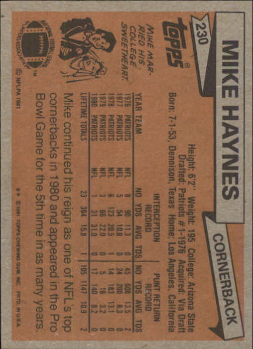 1981 Topps #230 Mike Haynes back image