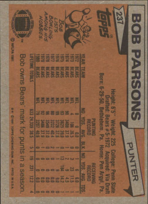 1981 Topps #237 Bob Parsons back image