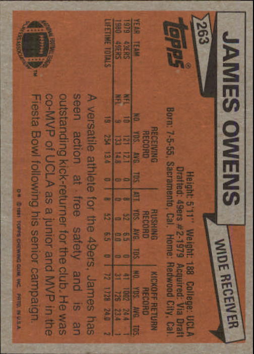 1981 Topps #263 James Owens RC back image