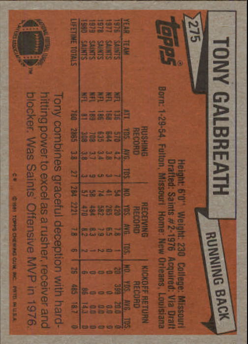 1981 Topps #275 Tony Galbreath back image