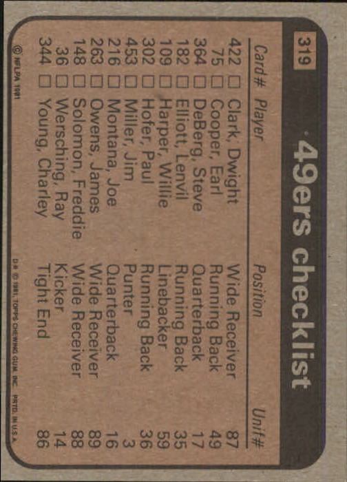 1981 Topps #319 San Francisco 49ers TL/Earl Cooper/Dwight Clark/Ricky Churchman/Dwight Hicks/Jim Stuckey/(checklist back) back image