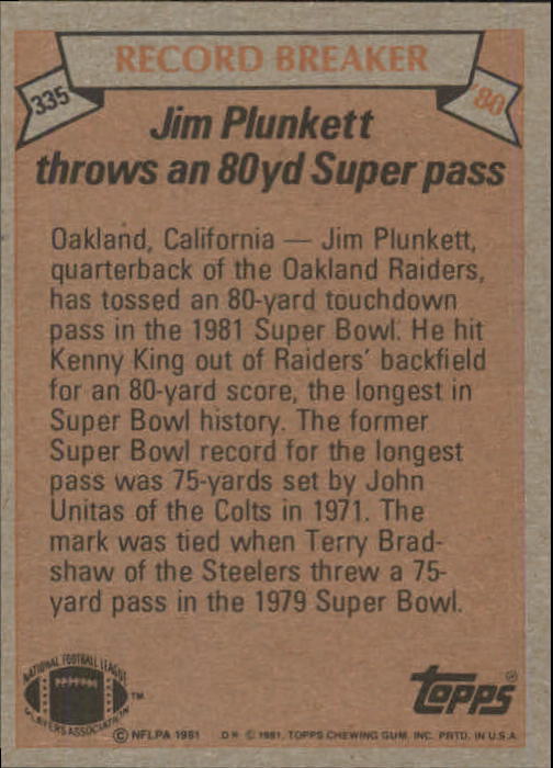 1981 Topps #335 Jim Plunkett RB/Longest Pass,/Super Bowl History back image