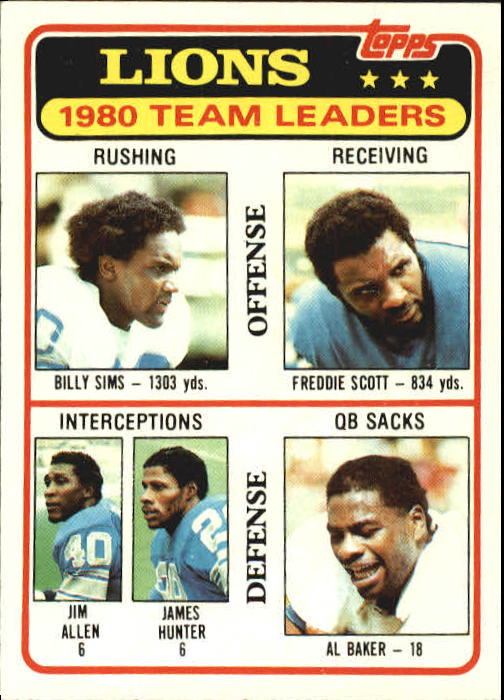 1981 Topps #338 Detroit Lions TL/Billy Sims/Freddie Scott/Jim Allen/James Hunter/Al(Bubba) Baker/(checklist back)