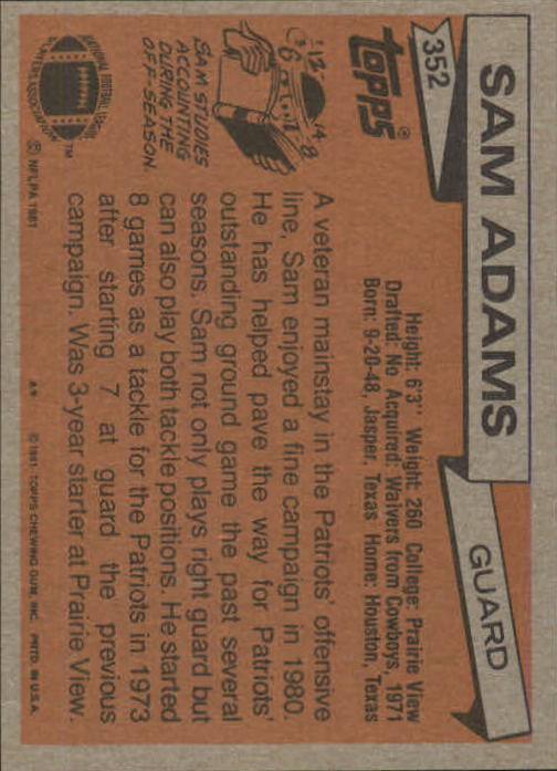 1981 Topps #352 Sam Adams back image