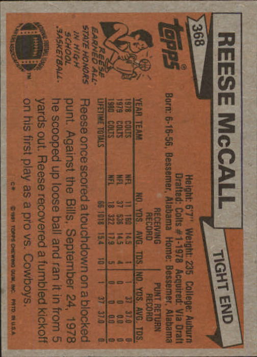 1981 Topps #368 Reese McCall back image