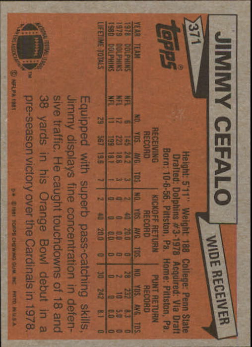 1981 Topps #371 Jimmy Cefalo back image